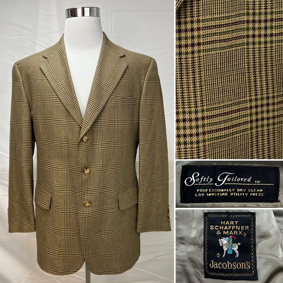 Men's Hart Schaffner Marx Softly Tailored Windowpane Plaid 43R Tan Blazer Jacket - Picture 1 of 9